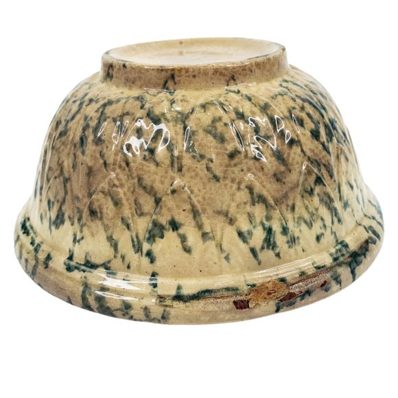 Antique Yellow Ware 8" Mixing Serving Bowl Green Spongeware Pottery Primitive - Picture 4 of 12